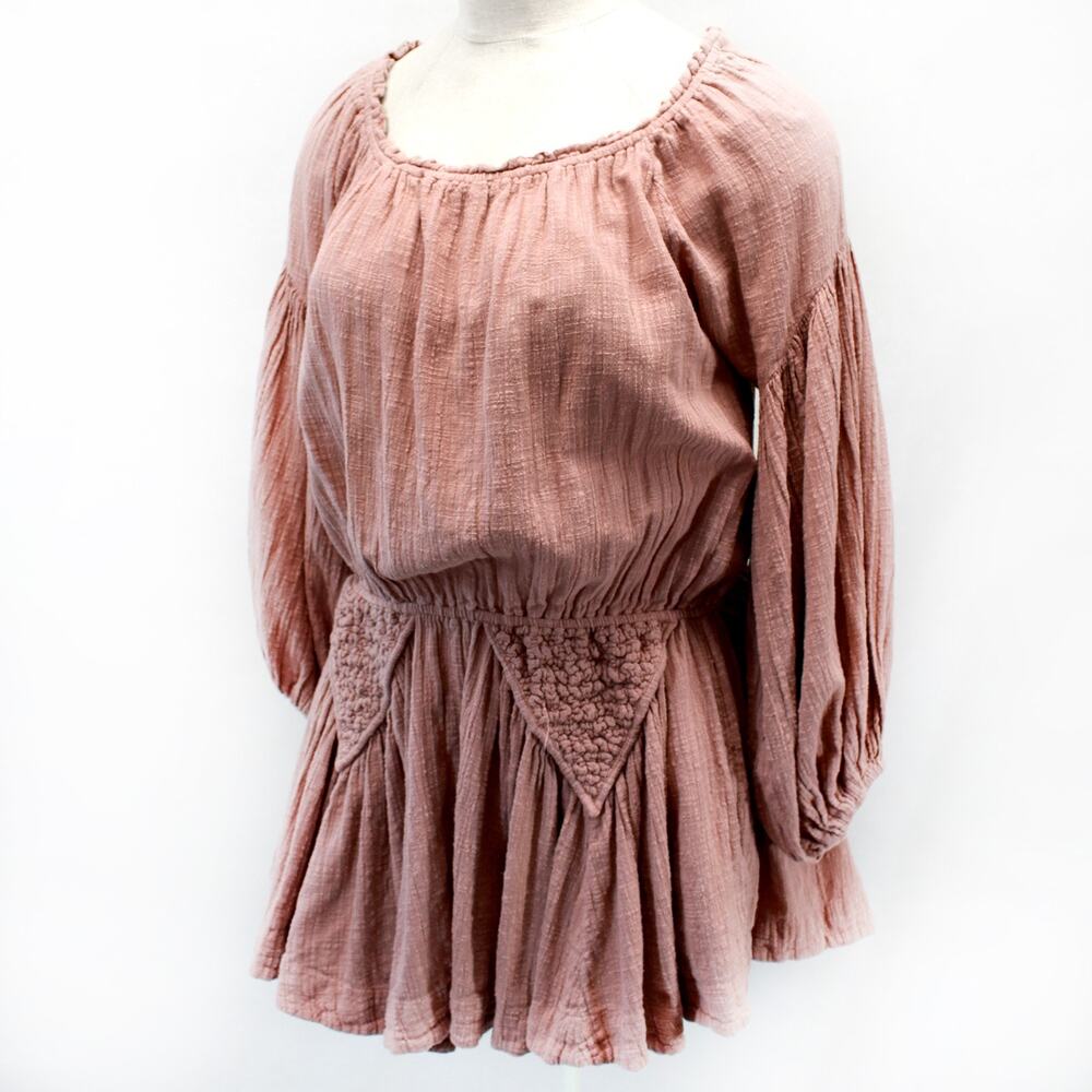 Free People Cotton Boho Peasant Tunic Mini Dress Smocked Waist Flowy Sleeve L